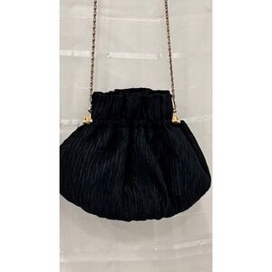 Vintage Vanessa Paris Black Pleated Evening Bag Gold Chain Kiss Lock Pouch Purse